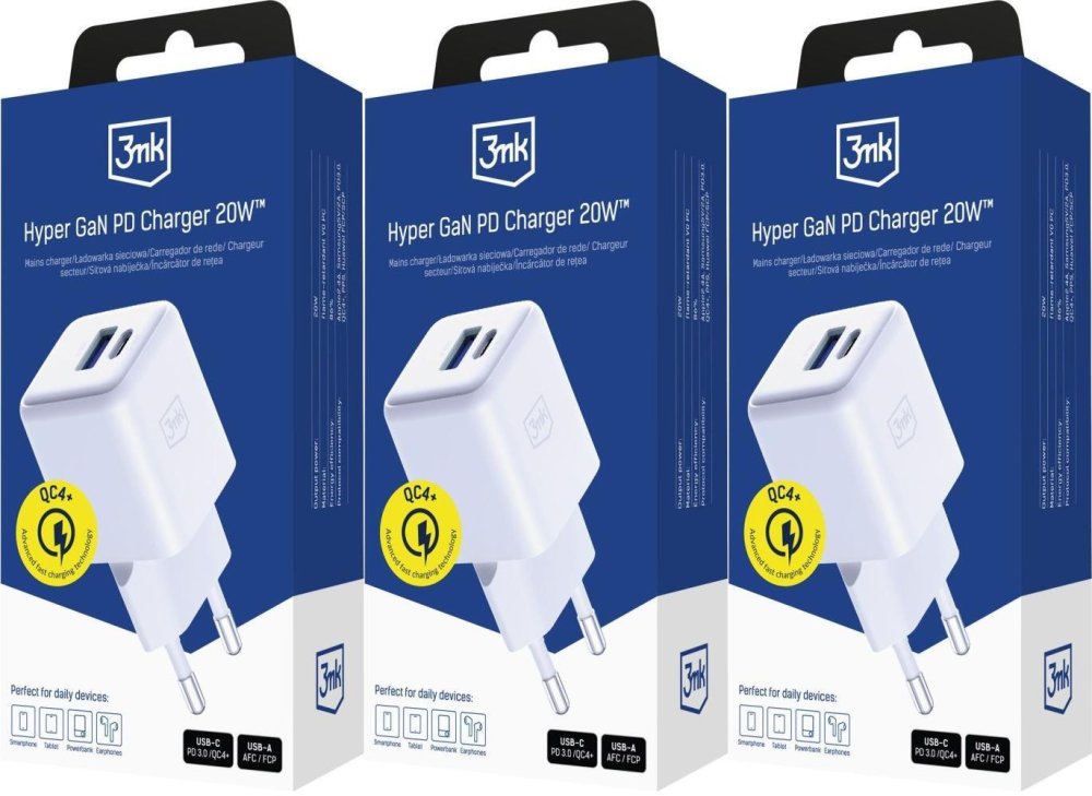 3x Ładowarka sieciowa 3mk Hyper GaN Charger 20W, QC4+ PD PPS, USB-C/USB-A, biały