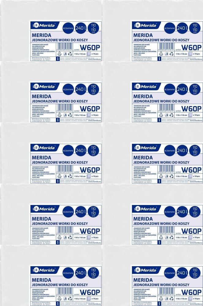 10x Worki na śmieci Merida, na odpady zmieszane, 240l, 10 sztuk, bezbarwny