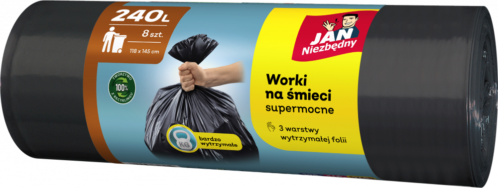 Worki na śmieci Jan Niezbędny, na odpady zmieszane, 240l, 8 sztuk, czarny