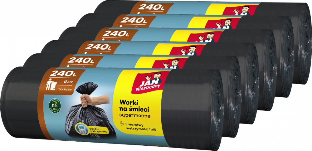 6x Worki na śmieci Jan Niezbędny, na odpady zmieszane, 240l, 8 sztuk, czarny