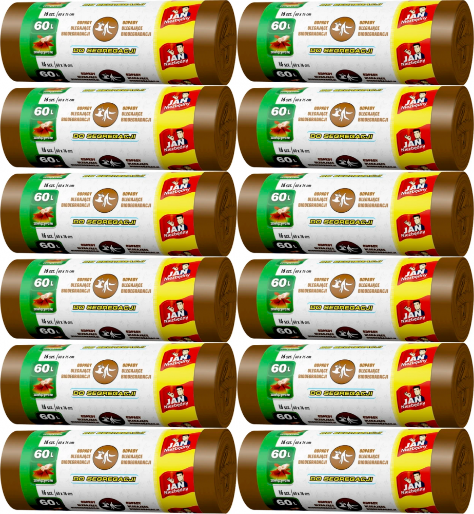 12x Worki na śmieci Jan Niezbędny, na odpady BIO, 60l, 16 sztuk, brązowy