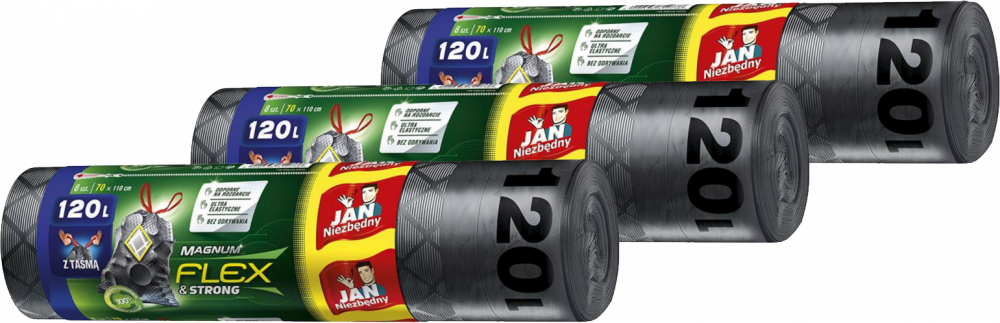 3x Worki na śmieci Jan Niezbędny Magnum Flex&Strong, z taśmą, na odpady zmieszane, 120l, 8 sztuk, grafitowy