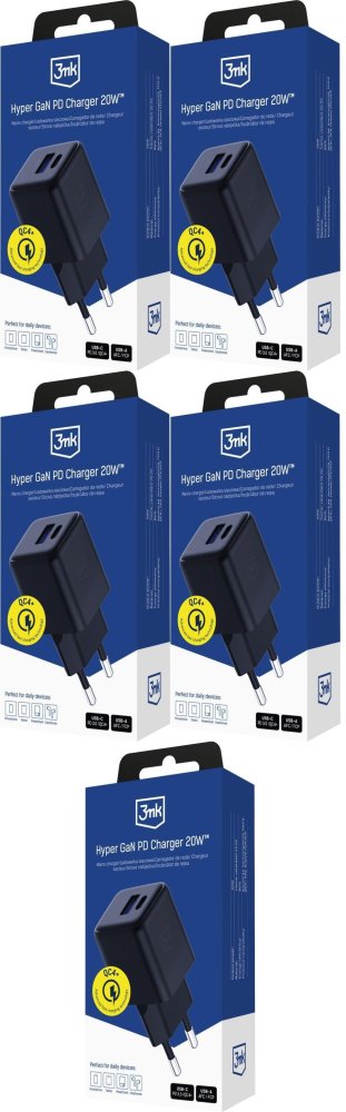 5x Ładowarka sieciowa 3mk Hyper GaN Charger 20W, QC4+ PD PPS, USB-C/USB-A, czarny