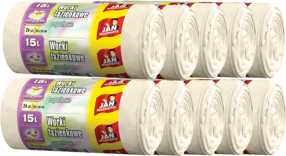 10x Worki na śmieci Jan Niezbędny, na odpady łazienkowe, 15l, zapachowe, 26 sztuk, kremowy