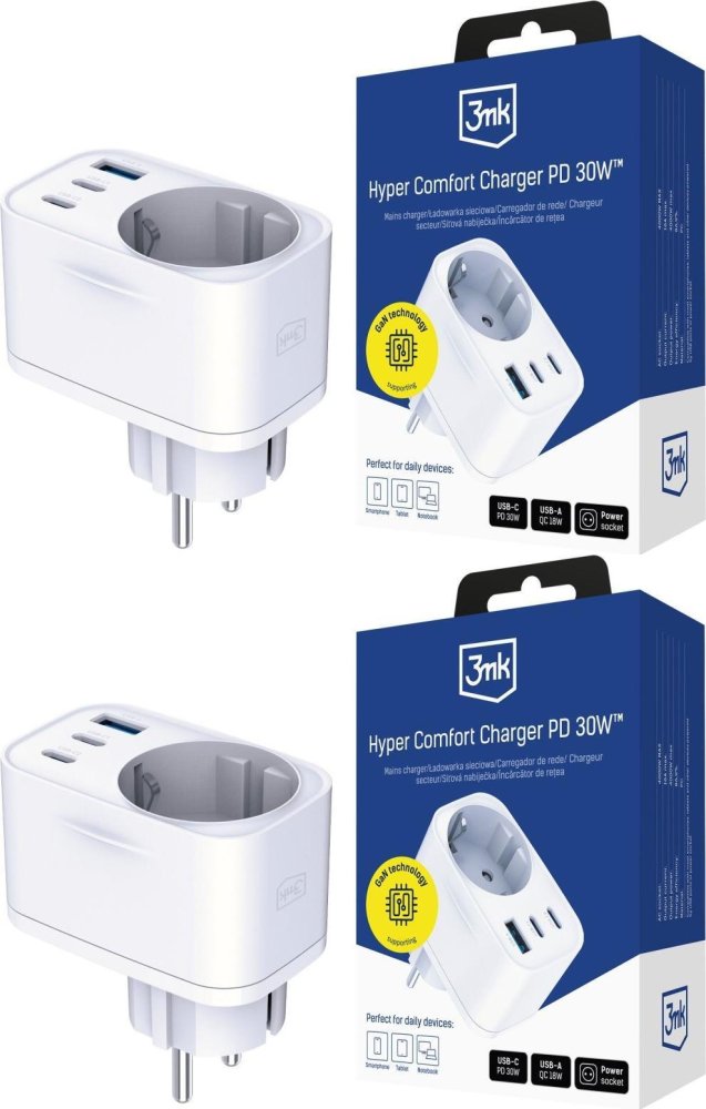 2x Ładowarka sieciowa 3mk Hyper Comfort Charger GaN PD 30W, QC PPS, 2xUSB-C/USB-A/gniazdo sieciowe, biały
