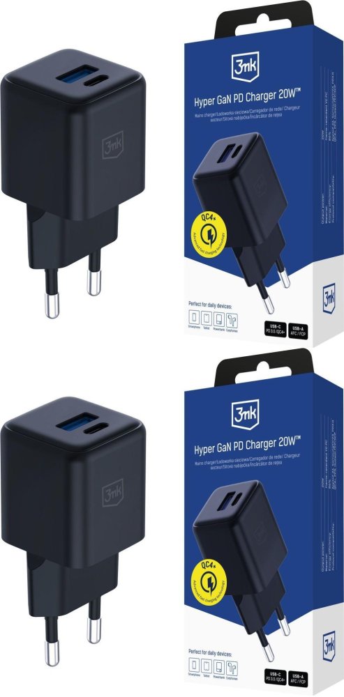 2x Ładowarka sieciowa 3mk Hyper GaN Charger 20W, QC4+ PD PPS, USB-C/USB-A, czarny