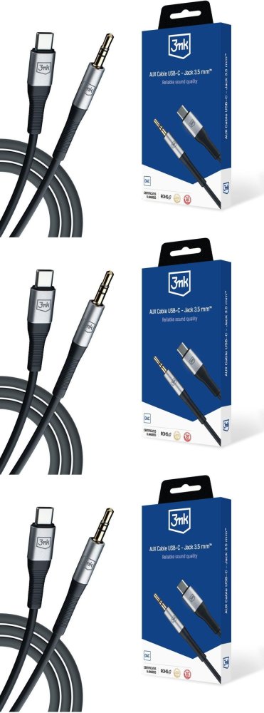 3x Kabel AUX 3mk USB-C/ Jack 3.5 mm, 1m, czarny