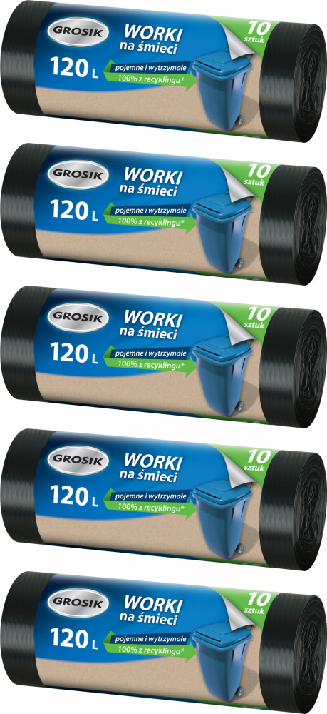 5x Worki na śmieci Grosik, na odpady zmieszane, supergrube, 120l, 10 sztuk, czarny