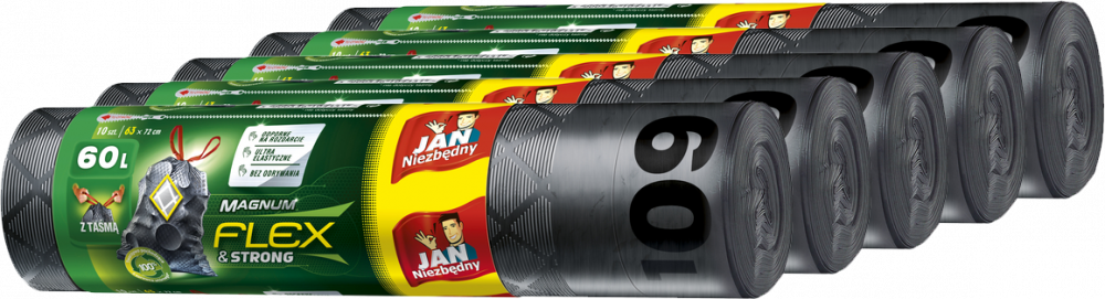 5x Worki na śmieci Jan Niezbędny Magnum Flex&Strong, z taśmą, na odpady zmieszane, 60l, 10 sztuk, grafitowy