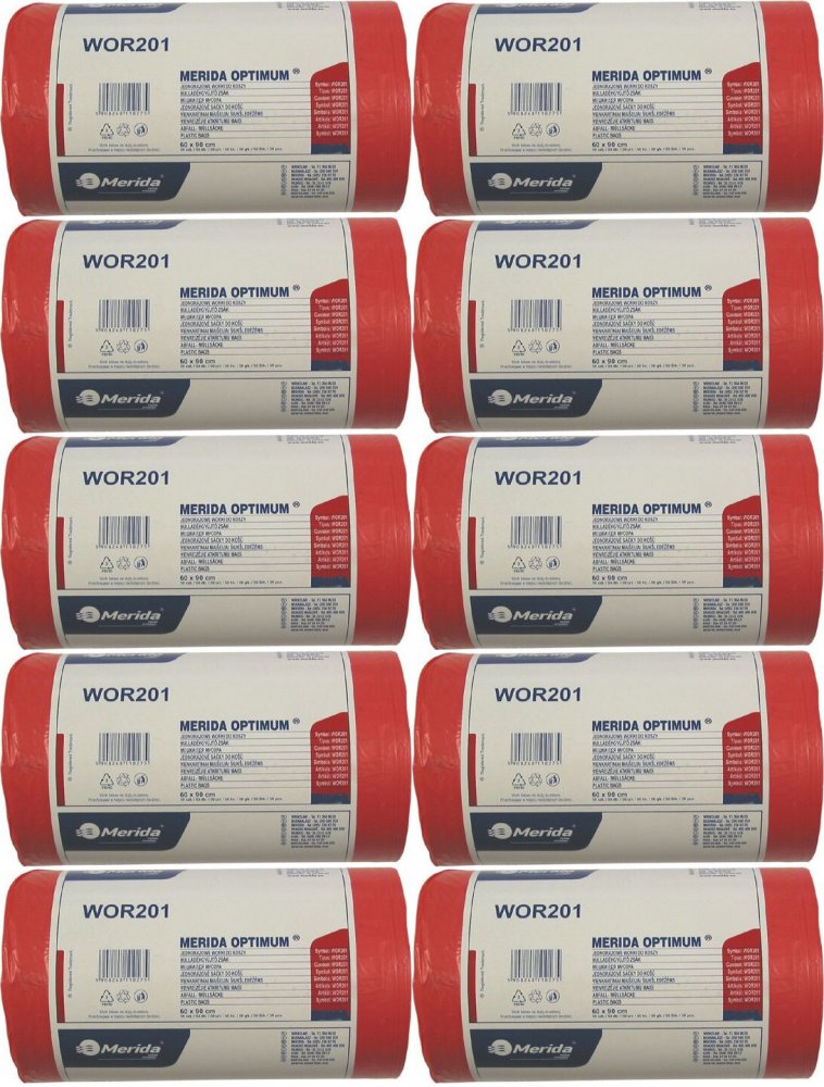 10x Worki na śmieci Merida Optimum, na odpady medyczne, 70l, 50 sztuk, czerwony
