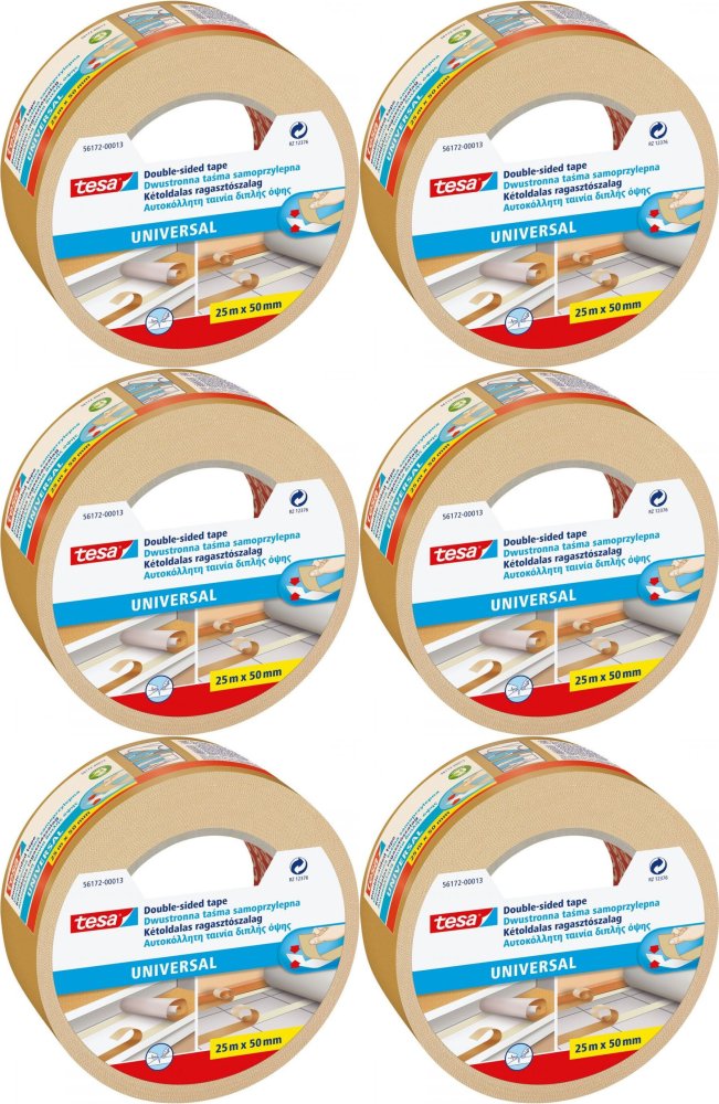 6x Taśma dwustronna Tesa Uniwersal, do wykładzin, 50mm x 25m, biały