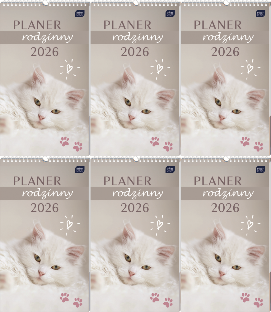 6x Kalendarz ścienny 2026, Interdruk, rodzinny, 25x43cm, miesięczny, Zwierzaki