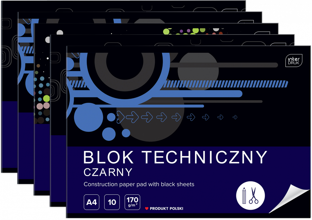 5x Blok techniczny Interdruk, A4, 10 kartek, czarny, mix wzorów
