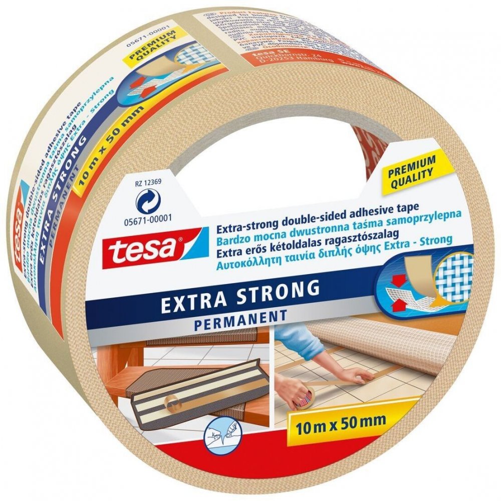 Taśma dwustronna Tesa Extra Strong, do wykładzin, 10m x 50mm, biały