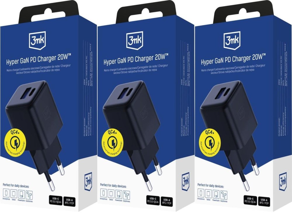 3x Ładowarka sieciowa 3mk Hyper GaN Charger 20W, QC4+ PD PPS, USB-C/USB-A, czarny