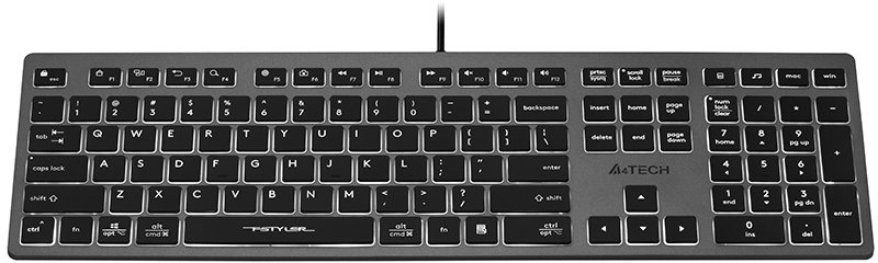 Klawiatura przewodowa A4Tech FX60H, z dwoma portami USB i podświetleniem, szary