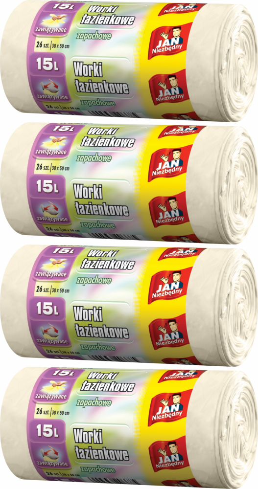 4x Worki na śmieci Jan Niezbędny, na odpady łazienkowe, 15l, zapachowe, 26 sztuk, kremowy