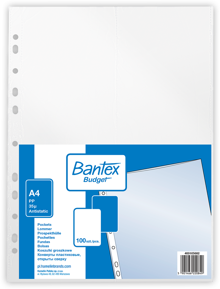 Koszulki groszkowe Bantex Budget, A4, 35μm, 100 sztuk, transparentny