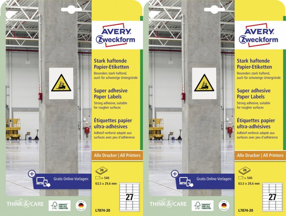 2x Etykiety papierowe do trudnych powierzchni Avery Zweckform, 63.5x29.6mm, 20 arkuszy, biały