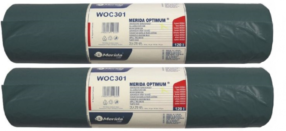 2x Worki na śmieci Merida Optimum, na odpady zmieszane, 120l, 50 sztuk, czarny