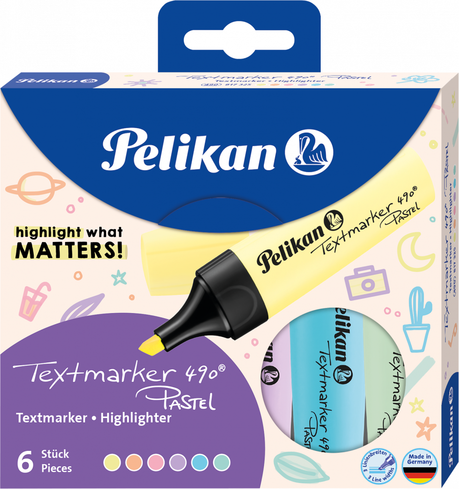 Zakreślacz Pelikan 490 Pastel, ścięta, 6 sztuk, mix kolorów pastelowych