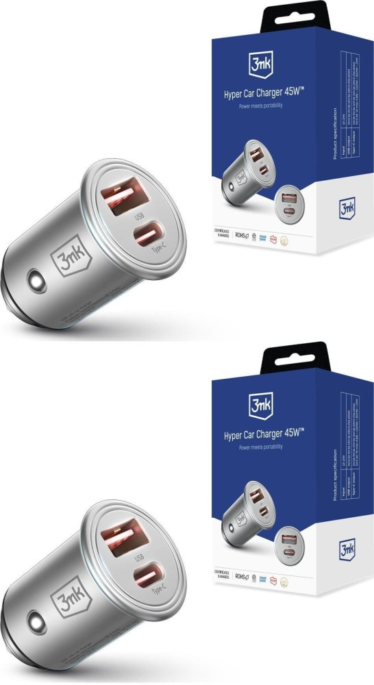 2x Ładowarka samochodowa 3mk Hyper Car Charger 45W, PD QC PSS, USB-C/USB-A, srebrny