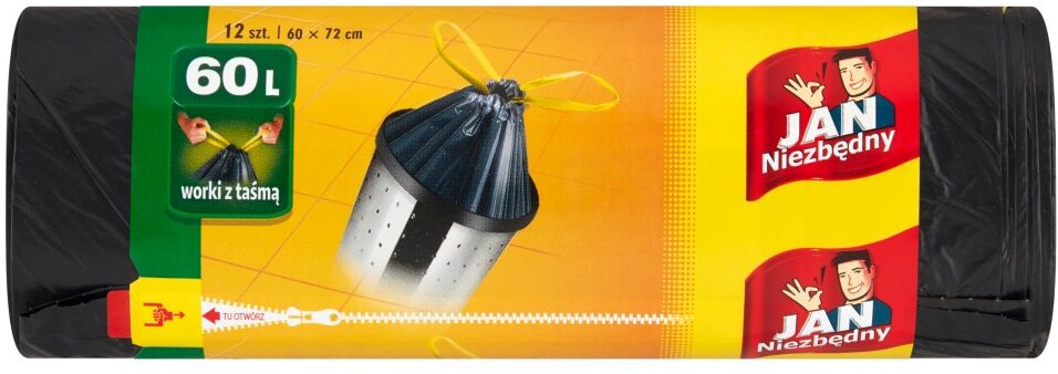 Worki na śmieci Jan Niezbędny, z taśmą, na odpady zmieszane, 60l, 12 sztuk, czarny