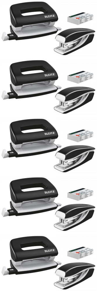 5x Zestaw zszywacz i dziurkacz Leitz Mini NeXXt Wow, metalowy, czarny