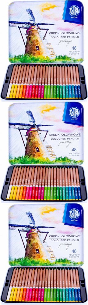 3x Kredki ołówkowe Astra Prestige, z drewna cedrowego, w metalowym pudełku, 48 sztuk, mx kolorów