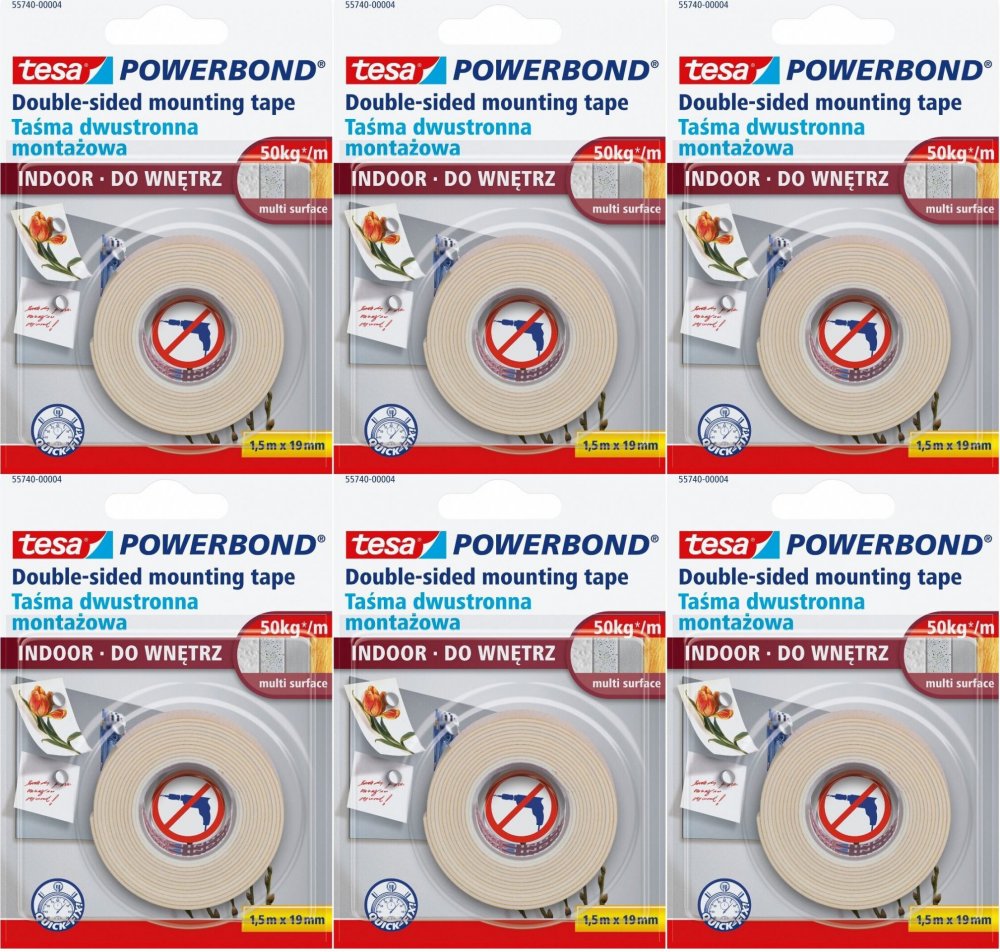 6x Taśma montażowa dwustronna Tesa Powerbond Indoor, 19mm x 1.5m, transparentny