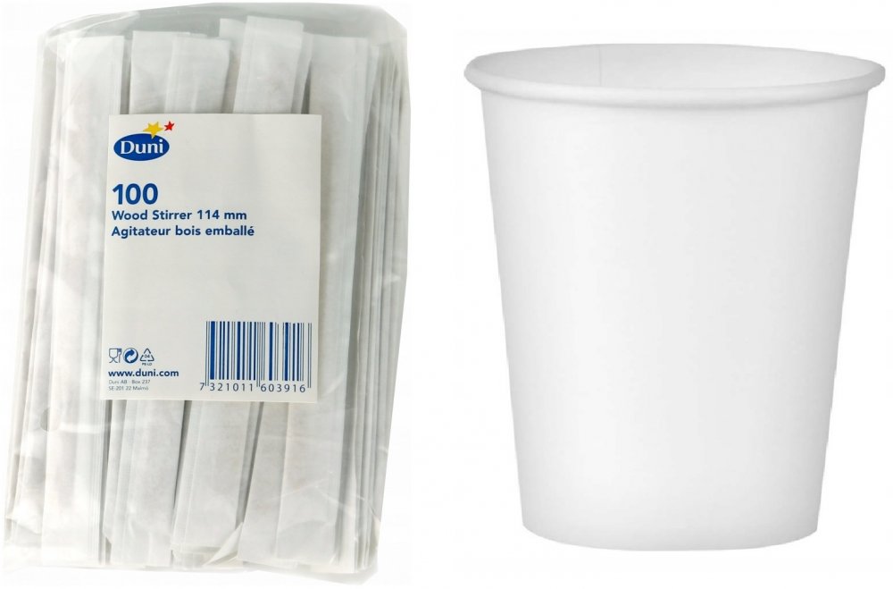 Zestaw Kubki jednorazowe Packman, 300 ml, papier, 50 sztuk, biały + Mieszadełka jednorazowe Duni, 11.4cm, drewno, 100 sztuk