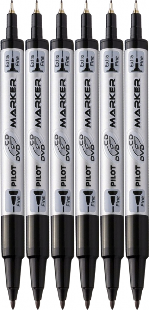 6x Marker dwustronny do płyt CD i DVD Pilot Twin, okrągła, 0.4mm/0.7mm, czarny