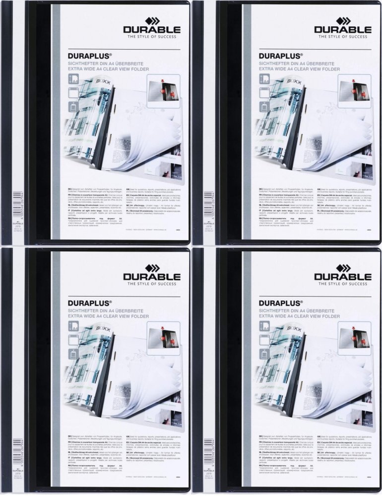 4x Skoroszyt plastikowy Duraplus Durable, A4, prezentacyjny, czarny