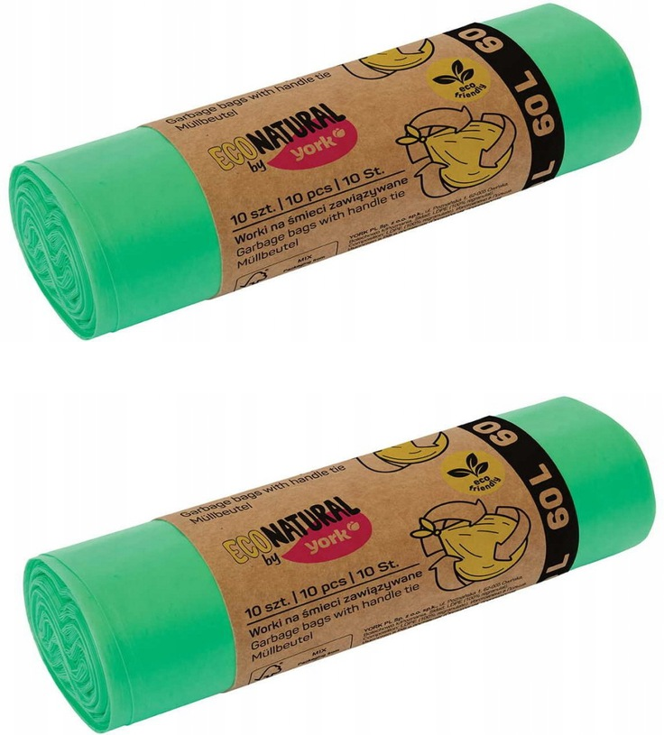 2x Worki na śmieci Eco Natural by York, na odpady zmieszane, 60l, 10 sztuk, zielony