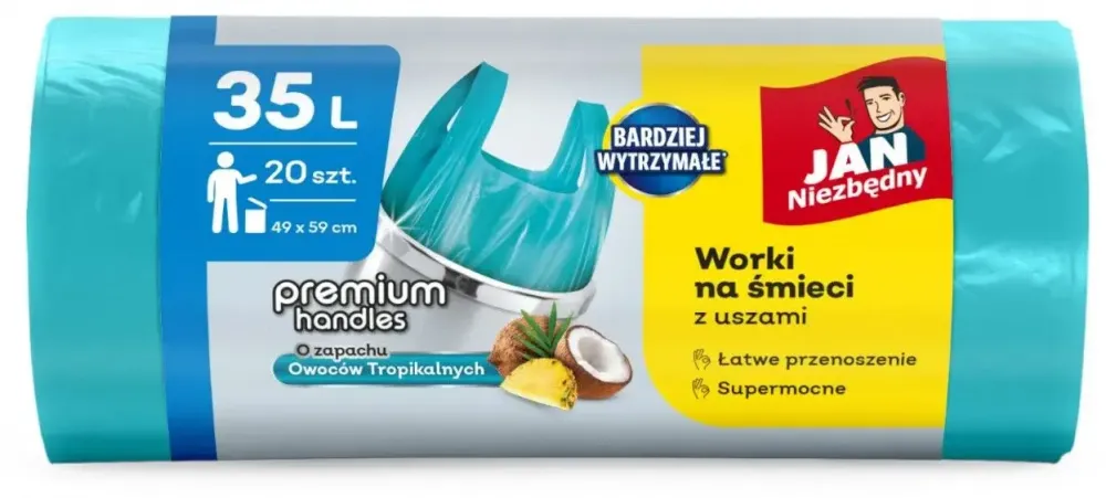 Worki na śmieci Jan Niezbędny T-shirt, HDPE, zapachowe, na odpady zmieszane, 35l, 20 sztuk, niebieski