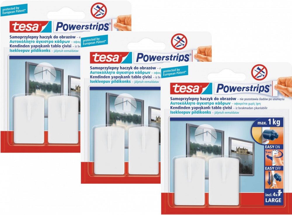 3x Haczyki samoprzylepne Tesa Powerstrips, do wieszania obrazów, 2 sztuki, biały