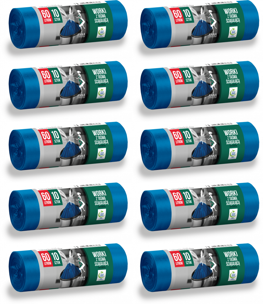 10x Worki na śmieci Anna Zaradna, na odpady zmieszane, supermocne, 60l, 10 sztuk, niebieski