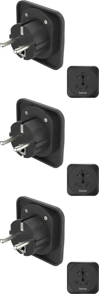 3x Adapter podróżny Hama, gniazdo uniwersalne -> wtyk EU, czarny