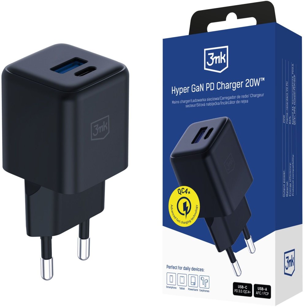 Ładowarka sieciowa 3mk Hyper GaN Charger 20W, QC4+ PD PPS, USB-C/USB-A, czarny