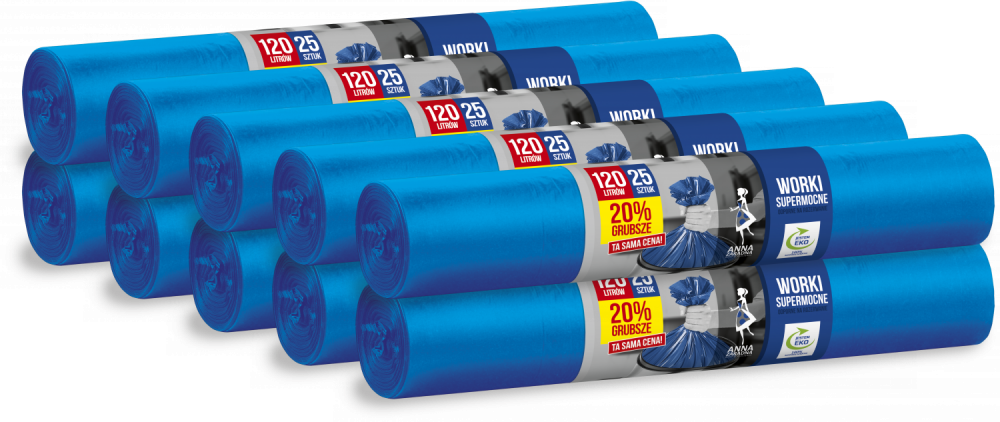 10x Worki na śmieci Anna Zaradna, na odpady zmieszane, ekologiczne, supermocne, 120l, 25 sztuk, niebieski