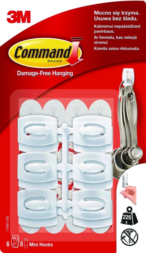Haczyki wielokrotnego użytku Command, 6 sztuk+8 pasków, biały