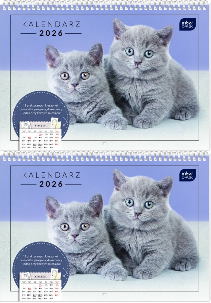 2x Kalendarz ścienny 2026, Interdruk, z kieszonką, 25x17.5cm, miesięczny, Zwierzaki