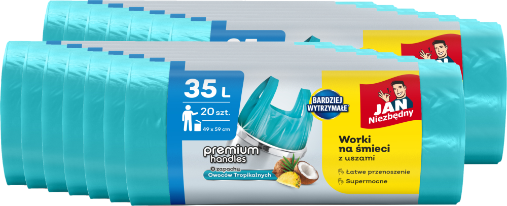 14x Worki na śmieci Jan Niezbędny T-shirt, HDPE, zapachowe, na odpady zmieszane, 35l, 20 sztuk, niebieski