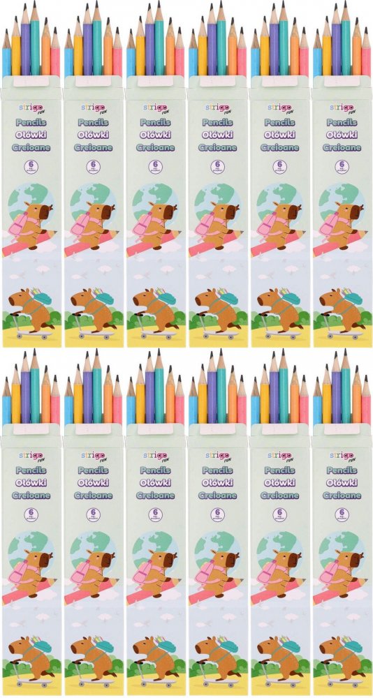 12x Ołówek Strigo Capybara, HB, z gumką, 6 sztuk, mix kolorów pastelowych