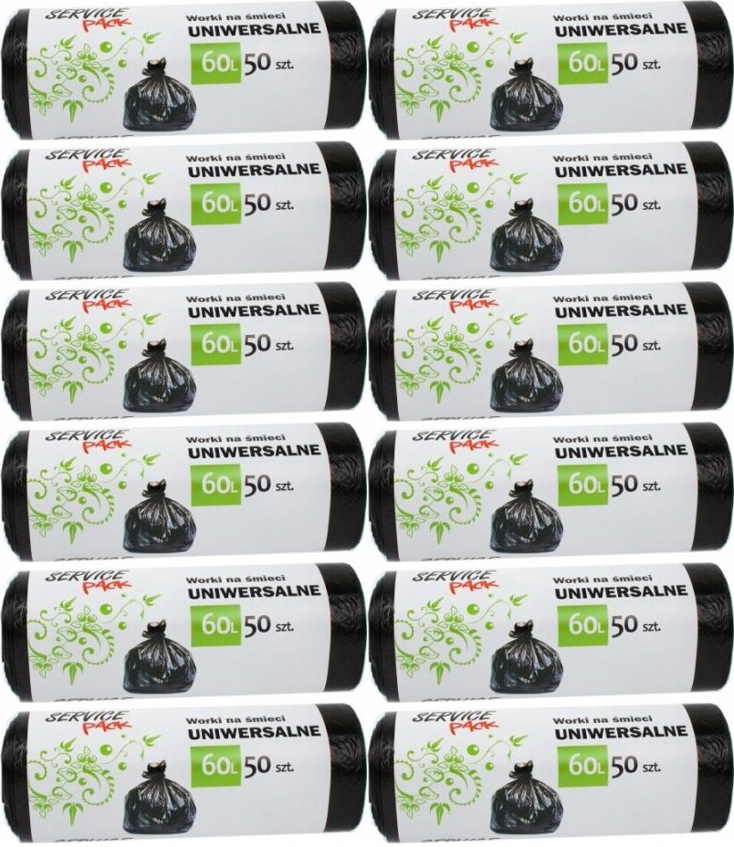 12x Worki na śmieci Service Pack, na odpady zmieszane, 60l, 50 sztuk, czarny
