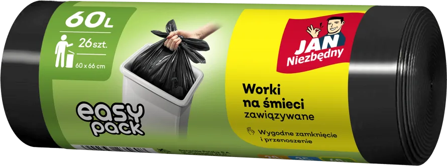 Worki na śmieci Jan Niezbędny Easy Pack, na odpady zmieszane, 60l, 26 sztuk, czarny