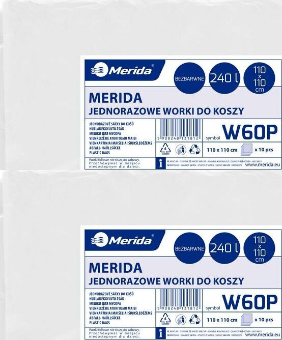 2x Worki na śmieci Merida, na odpady zmieszane, 240l, 10 sztuk, bezbarwny
