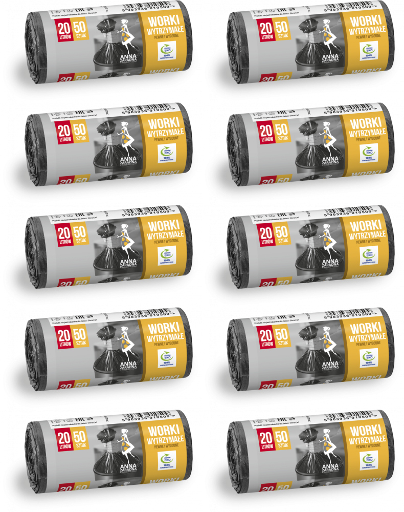 10x Worki na śmieci Anna Zaradna, wytrzymałe, na odpady zmieszane, 20l, 50 sztuk, czarny