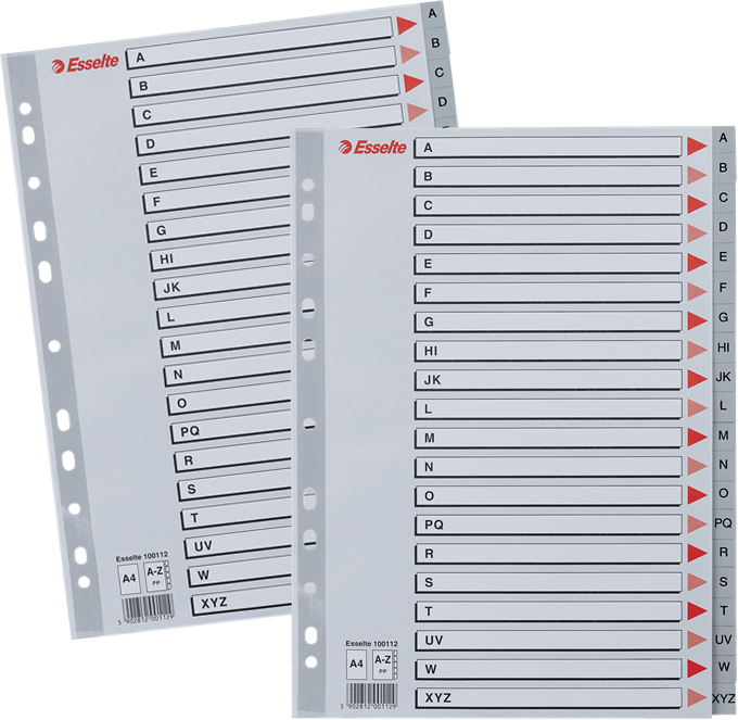 2x Przekładki do segregatora Esselte, plastikowe, alfabetyczne, A4, 20 kart, szary