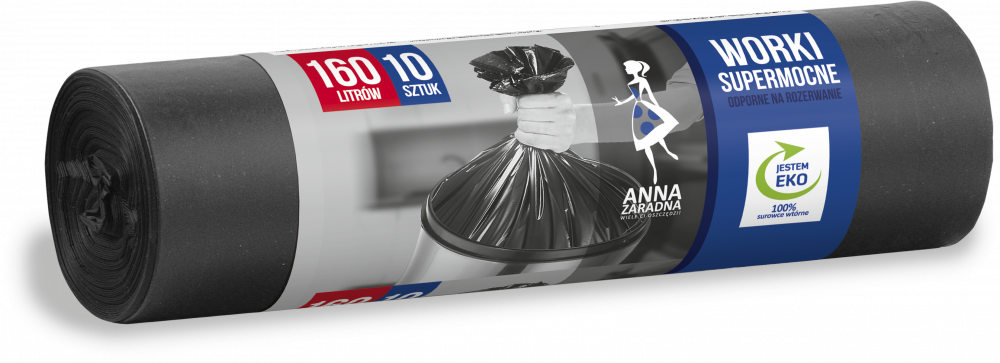 Worki na śmieci Anna Zaradna, supermocne, na odpady zmieszane,160l, 10 sztuk, czarny